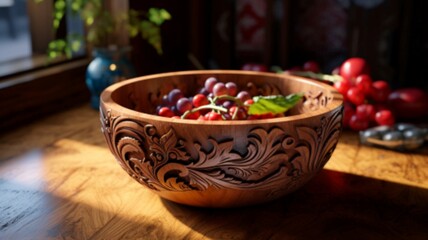 Fototapeta premium visually appealing composition of a wooden bowl adorned with intricate carvings, contrasting sharply with the colors of a kitchen