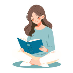 Young woman reading book flat design vector illustration.