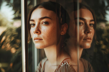 Pensive Alluring Young Woman Gazing Through Glass Reflection