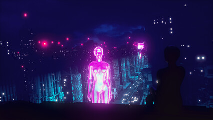 a futuristic cyberpunk city and a female hologram in pink (3D rendering)
