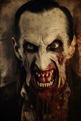 Evil Vampire Portrait with dripping blood on his lips. Vintage, scratched, worn look. Ai Generative