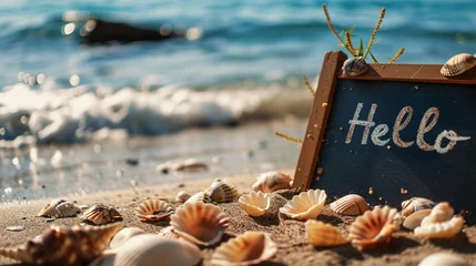 Papier Peint photo autocollant Descente vers la plage A beach sign with "Hello" written in the sand, framed by seashells, signboard, blurred background, with copy space