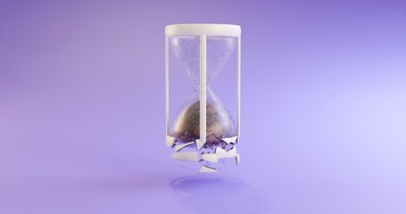 3d illustration of the destruction of an hourglass. The concept of procrastination, aging, retirement, time management, planning, lateness - obrazy, fototapety, plakaty
