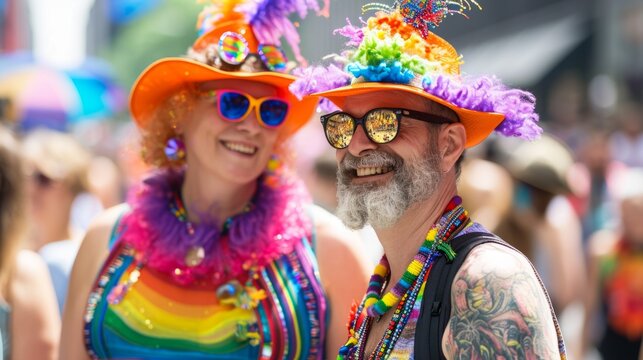 LGBT pride. Happy elderly couple at the LGBT parade. Freedom of love and diversity