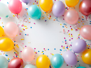 multi-colored balloons with confetti on a white background with space for text