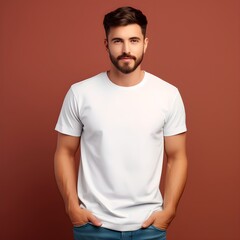 Young man wearing white shirt mockup, at dark red background. Design tshirt template, print presentation mock-up.
