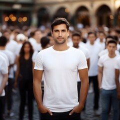 A man in a white T-shirt stands against the backdrop of a crowded city. Design tshirt template, print presentation mock-up.