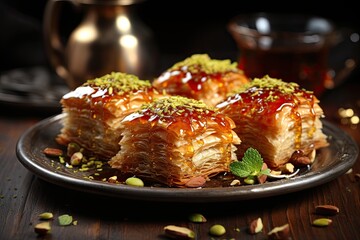 Traditional turkish dessert pistachio antep baklava with turkish black tea on rustic table, ramadan...