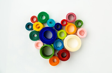 heart shape from rolls of colored ribbons. Multicolored skeins of tapes shaped like a heart. Bright ribbons isolated on white background. Rolled up satin ribbons for needlework. Love Sewing, tailoring