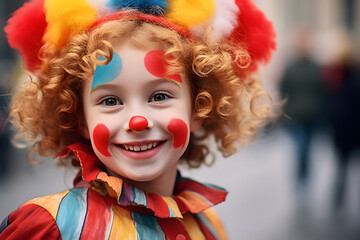 Young boy child with curly hair dressed up with colorful clown costume for European carnival celebration - obrazy, fototapety, plakaty