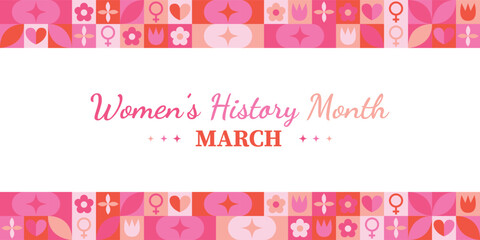Women History Month Neo Geometric Pattern Background. Women’s History Month March Awareness Celebration. Abstract modern design. Social media post. Horizontal website header banner vector illustration