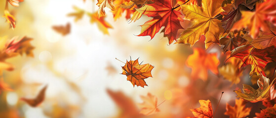 Fototapeta premium Fall banner design with red and yellow maple leaves, soft focus lighting, and bokeh background for end-of-year activities.