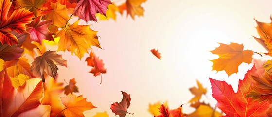 Naklejka na ściany i meble Fall banner design with red and yellow maple leaves, soft focus lighting, and bokeh background for end-of-year activities.