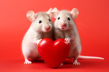 Cute pair of white mice holding large red heart in front of pink studio background