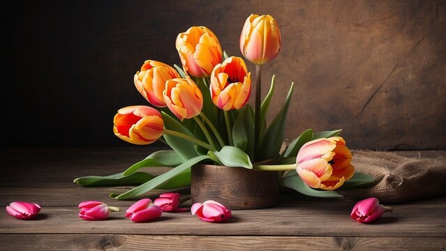 Valentines day concept with tulip flowers over rustic background