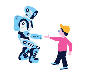 Child greets  robot.Handshake between a human and a robot.Cooperation between humans and robots. Modern technological capabilities.