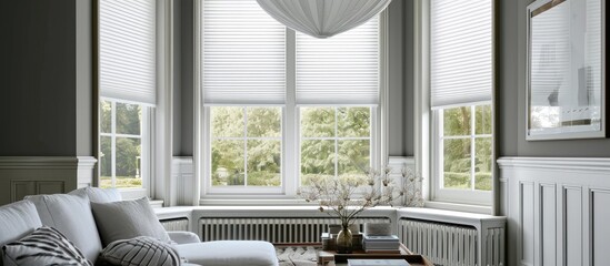 Extra large pleated blinds in white, featuring a 50mm fold, showcased in the window opening. Contemporary top down bottom up privacy shades for apartment windows. - obrazy, fototapety, plakaty