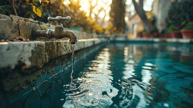 A creative depiction of water conservation with a faucet dripping into a pool, encouraging mindful water usage on World Water Day. [World Water Day]
