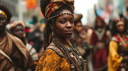 An image capturing a lively Black History Month parade with participants showcasing cultural attire and historical figures. [Black History Month]