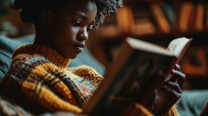 A close-up of a person reading a book with influential Black authors and historical narratives, promoting literacy during Black History Month. [Black History Month] - obrazy, fototapety, plakaty