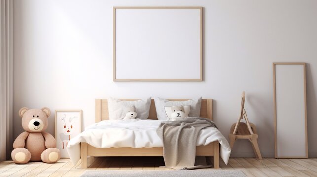 Mockup minimalist children's room with mock up poster frame close up on wall. 3d render interior background