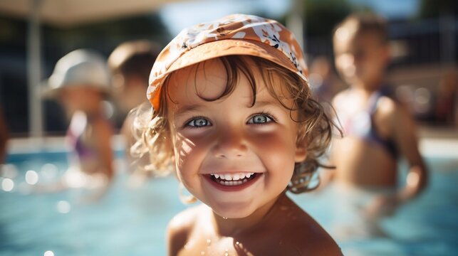 Close up portrait of cute smiling Diverse young children enjoying swimming lessons in pool, learning water safety skills, activity. Natural sunny Lighting and on a shiny light over bokeh background