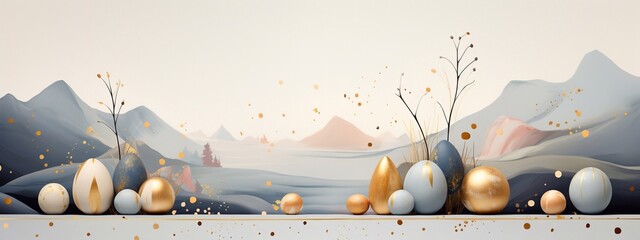 Happy Easter banner. Trendy Easter design with hand drawn strokes and dots, eggs in pastel colors. Modern minimalist style. Background horizontal design for banner, cover, invitation - obrazy, fototapety, plakaty