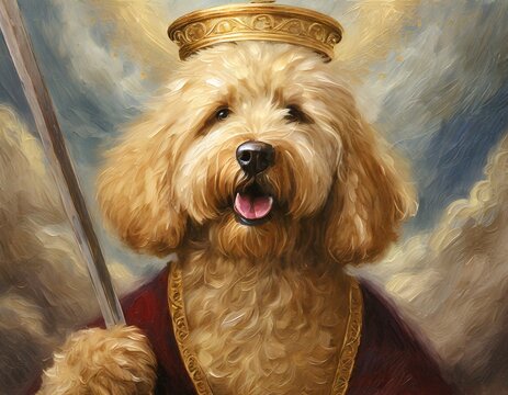 Golden doodle baroque style painting with crown