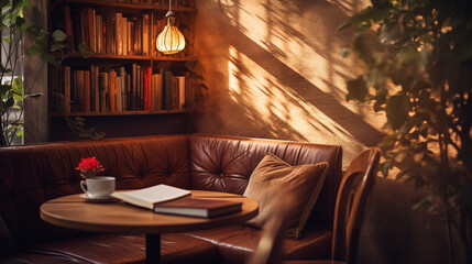 Sunlit Cafe Seating with Book and Coffee
