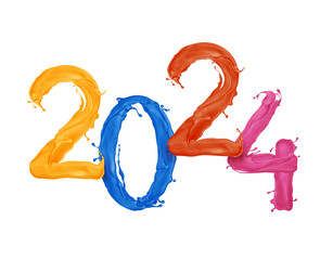 New Year 2024 date made of colored paint splashes isolated on white background