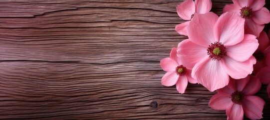 Fototapeta na wymiar Pink flowers on wooden background. Top view with copy space.