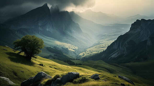 Misty Sunrise in Tranquil Mountain Valley