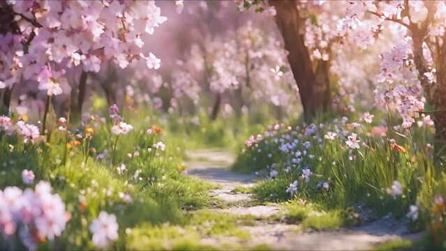 Beautiful spring landscape with a path between flowering trees, green grass on a sunny day
