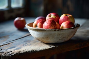 Apples in a stoneware bowl, dramatic lighting, still life