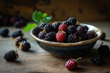 Blackberries in a stoneware bowl, dramatic lighting, still life