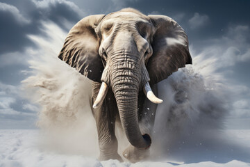 Fototapeta na wymiar Elephant Gracefully Treading Icy Terrain
