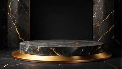 Round shape black marble podium for Abstract minimal wall scene for mockup products display