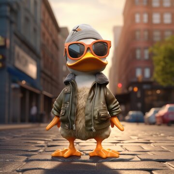 A cool and stylish animated duck character wearing sunglasses in an urban street environment.