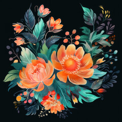 Colorful watercolor painting of a lush floral arrangement with orange and teal flowers, exuding warmth and vibrancy.