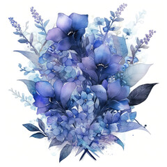 A delicate and intricate blue floral watercolor painting, showcasing soft hues and a dreamy, artistic composition.