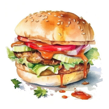 A mouth-watering watercolor illustration of a juicy burger with fresh lettuce, tomatoes, and dripping sauce.