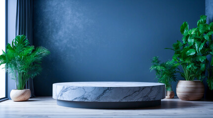 Round shape black marble podium for Abstract minimal wall scene for mockup products display
