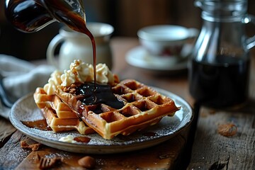 Delicious waffles with chocolate in a cafe