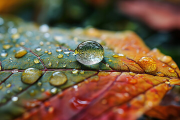Capture the essence of minimalism in a close up shot of a single drop of water on a vibrant leaf after a refreshing rain. Ai generated