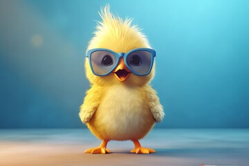 Fototapeta premium Cute little chicken with sunglasses on blue background. 3d rendering