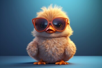 Cute little chick with sunglasses on blue background. 3D rendering - obrazy, fototapety, plakaty