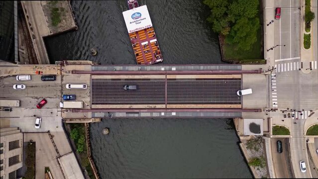 Aerial timelapse video over Chicago River with busy traffic. Illinois, USA. September 27, 2023.