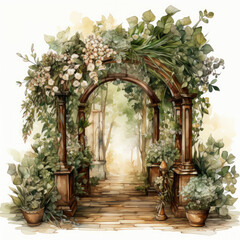 Fototapeta premium watercolor rustic wooden wedding ceremony arch clipart, Generative Ai