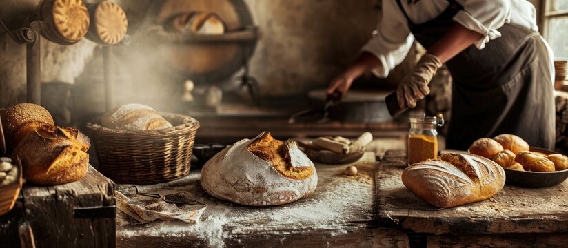 Retro-themed pictures with added grain, showcasing bread-making.