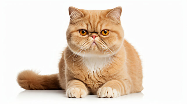A Exotic Shorthair Cat sitting photo on white background